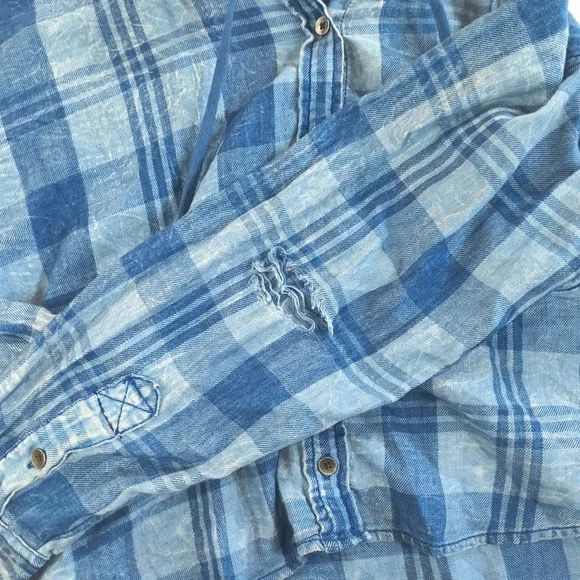 American Eagle Hooded Plaid Flannel Shirt SP Blue Button Up Hoodie Top - Picture 5 of 16